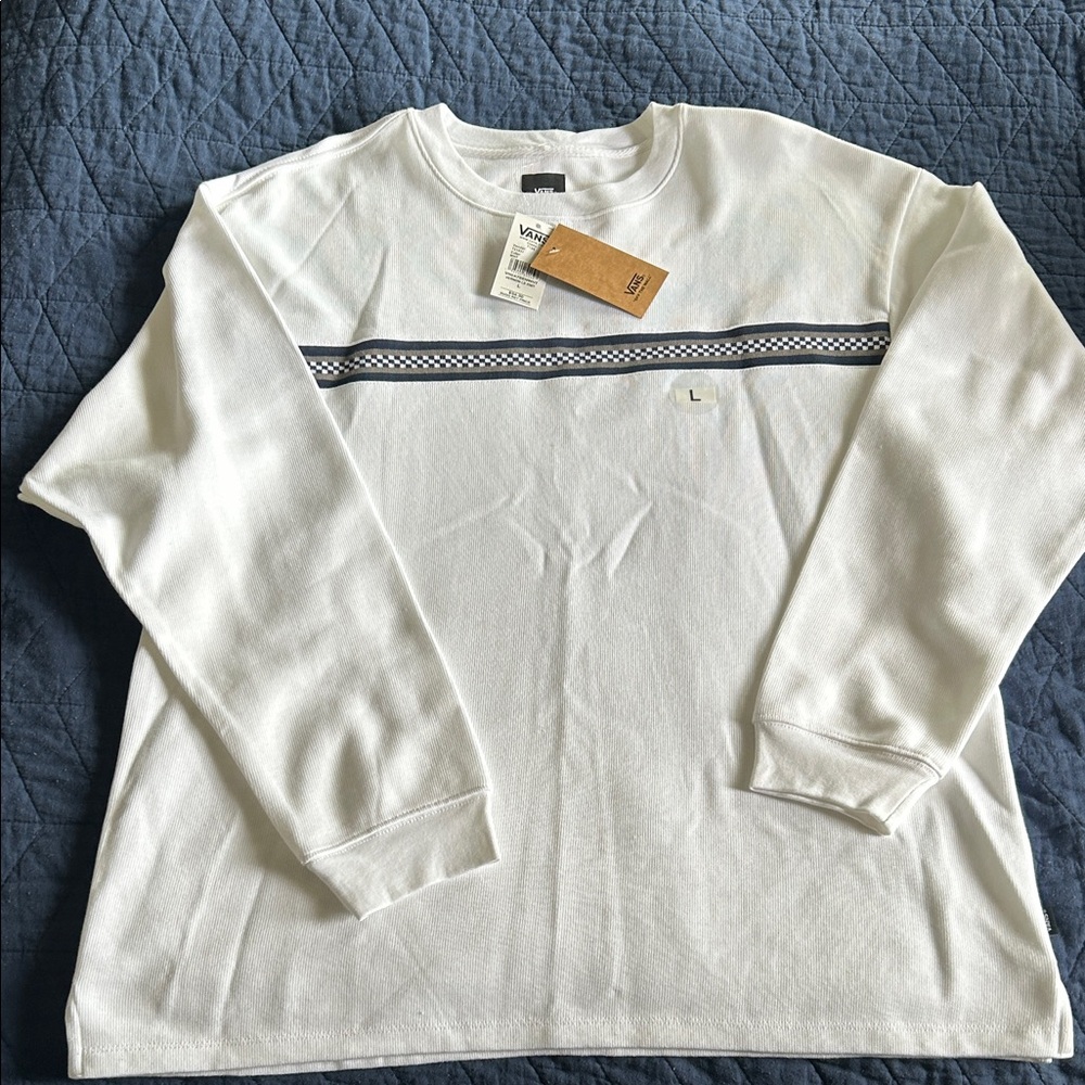 Vans White Long Sleeve Shirt with Navy Checker Stripe